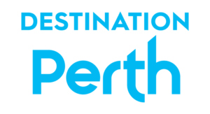 A text image in blue of Destination Perth logo