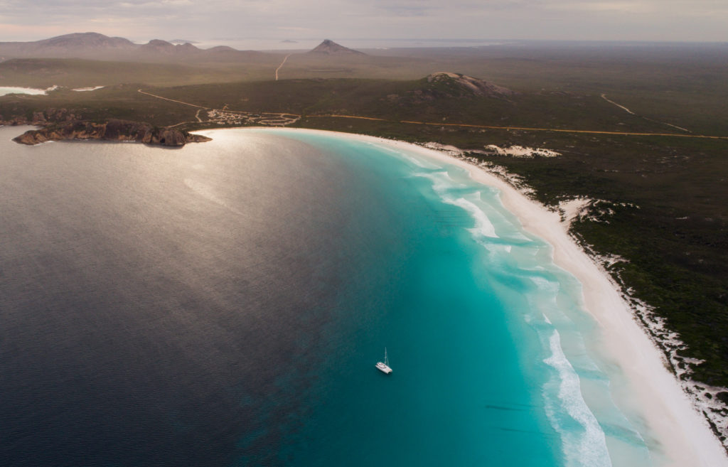 A drone image of pristine coastline in Lucky Bay