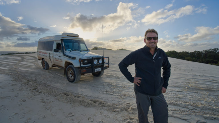 Landscape image of local operator Graeme Dearle of Pemberton Discovery Tours at Yeagarup Dunes to show natural attractions and local characters on The South West Edge road trip