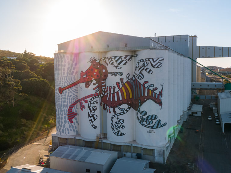 drone image of giant painted grain silo in Albany to show art along The South West Edge road trip