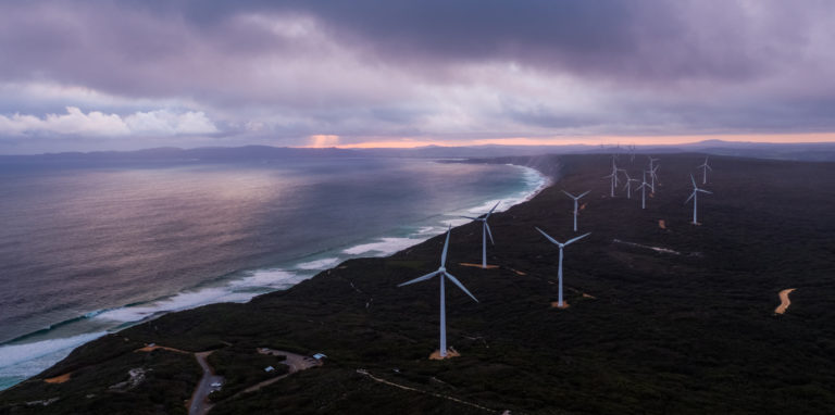 drone image of Albany wind farm next to ocean to show sights on The South West Edge road trip