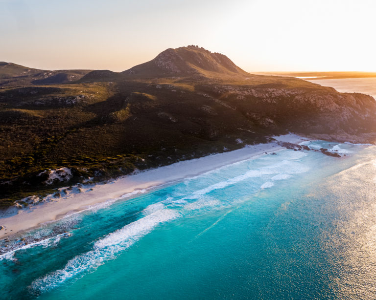drone image of fitzgerald river national park sunset with ocean to show landscapes on the south west edge road trip