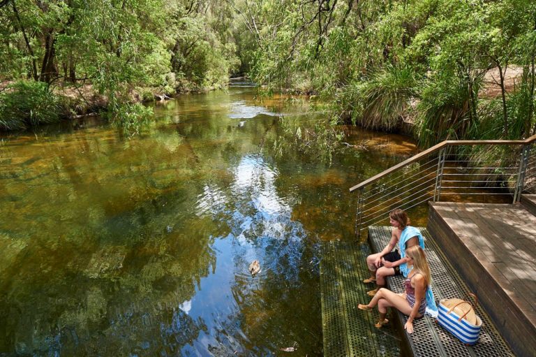 A couple sit on concrete steps leading into a pool of clear, green water surrounded by lush green forest.
