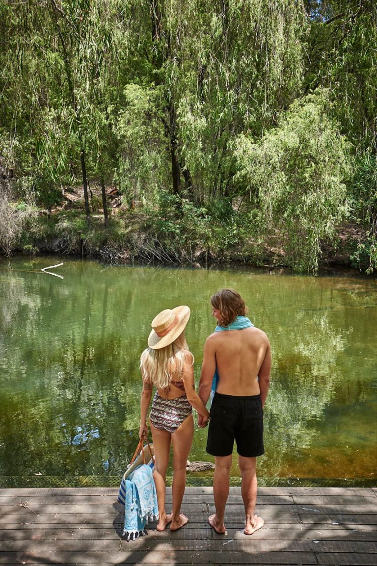 A couple hold hands in front of a green lake with green trees.