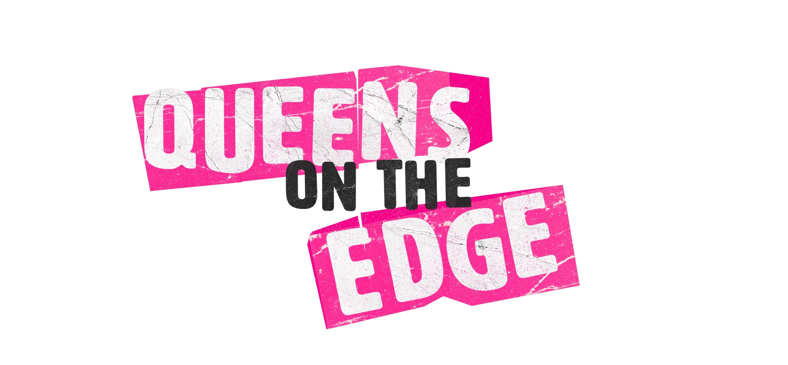 Logo which reads 'Queens On The Edge' in pink, black and white