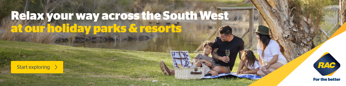 Banner that features an image of a family having a picnic on grass with text that reads 'Relax your way across the South West at our holiday parks & resorts. Start exploring.' RAC for the better logo.