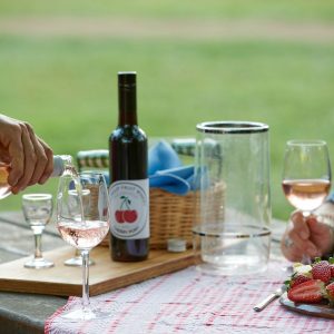 Close up image of a picnic set up on a table, with someone pouring a glass of wine.