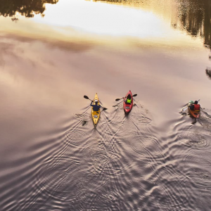 Three people kayak on a river in Nornalup