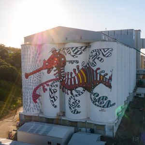 drone image of giant painted grain silo in Albany to show art along The South West Edge road trip