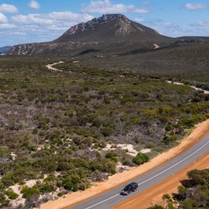 car driving away from mountain in Fitzgerald River National Park